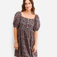 Vestido curto feminino de algodão floral manga bufante verde