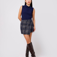 Saia curta feminina de tweed com lã xadrez mindset azul