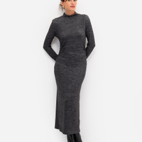 Vestido midi feminino de tricot manga longa franzido cinza
