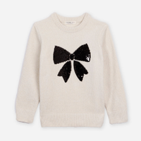 Suéter de tricot infantil com laço de paetê bege