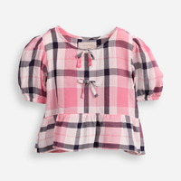 Bata de viscose infantil manga bufante com laço xadrez rosa
