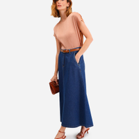 Saia longa feminina jeans com cinto azul