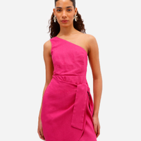 Vestido ombro único feminino com linho e amarração rosa