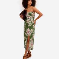Vestido midi de algodão sem alça floral verde