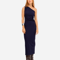Vestido midi ombro único feminino com franzido azul