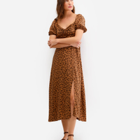 Vestido midi feminino de viscose manga bufante floral marrom