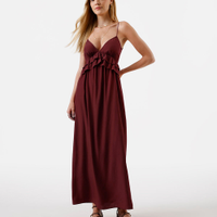 Vestido midi feminino alça fina com babados vinho