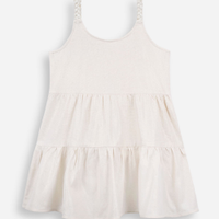 Vestido infantil de linho com alça trançada de lurex bege