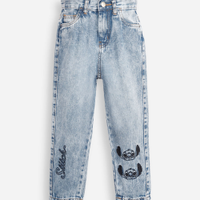 Calça mom jeans infantil com bordadado stitch azul
