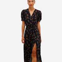 Vestido midi de viscose com fenda floral preto