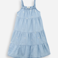 Vestido marias infantil jeans com bordado floral azul
