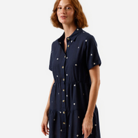 Vestido curto chemise feminino com linho bordado azul