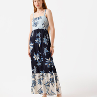 Vestido longo alça fina feminino com lurex e recorte floral azul