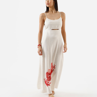 Vestido midi alça fina feminino com linho e recorte bordado bege