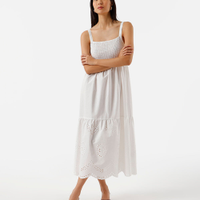 Vestido midi alça fina feminino de algodão com recorte bordado off white