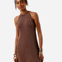 Vestido curto feminino halterneck com lurex canelado marrom