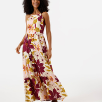 Vestido longo alça fina feminino de algodão com recorte floral colorido
