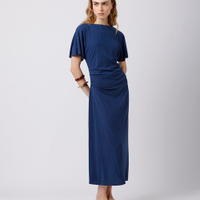 Vestido midi feminino com linho e pregas mindset azul