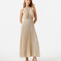 Vestido longo feminino halterneck plissado acetinado bege
