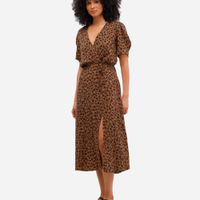 Vestido midi feminino de viscose floral com fenda marrom