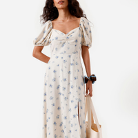 Vestido midi feminino com linho e fenda floral off white