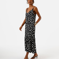 Vestido midi de viscose alça fina com recorte animal print preto