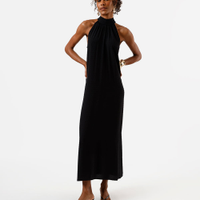 Vestido midi feminino de viscose halterneck com amarração texturizado preto