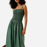 Vestido midi alça fina feminino com linho franzido verde