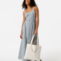 Vestido longo alça fina feminino de algodão com recortes listrado off white
