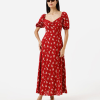 Vestido midi feminino de viscose manga bufante com fenda floral vermelho