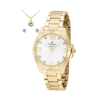 Kit relógio feminino champion analógico cn28446w dourado