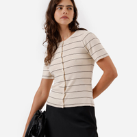 Cardigan feminino de tricot manga curta listrado bege