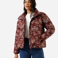 Jaqueta puffer feminina gola alta folhagens marrom