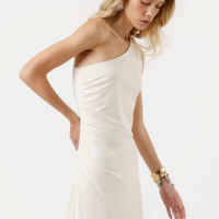 Vestido midi feminino ombro único franzido off white