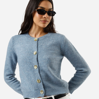 Cardigan feminino de tricot decote redondo texturizado azul
