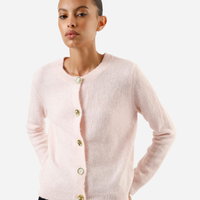 Cardigan feminino de tricot decote redondo texturizado rosa