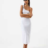 Vestido midi feminino ombro único franzido branco
