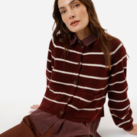 Cardigan feminino de tricot com bolsos listrado vinho