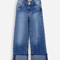 Calça reta infantil jeans barra dobrada azul