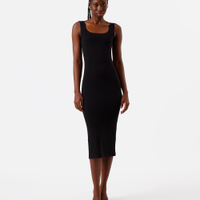 Vestido midi feminino de algodão decote quadrado básico preto