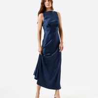Vestido feminino longo liso com franzido azul