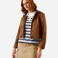 Jaqueta cropped feminina com gola cotelê marrom