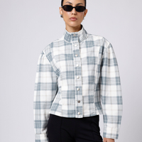 Jaqueta feminina sarja gola funnel neck xadrez mindset bege