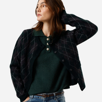 Cardigan feminino de tricot xadrez argyle verde