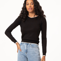 Suéter de Tricô Feminino Básico Bicolor Decote Redondo Preto