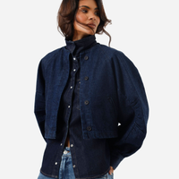 Jaqueta bomber feminina jeans mangas franzidas azul