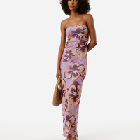 Vestido midi sem alça feminino de tule franzido floral lilás