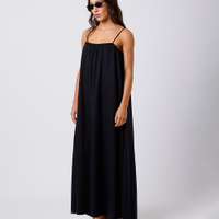Vestido longo alça fina feminino de algodão franzido mindset preto