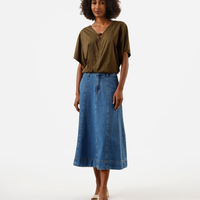 Saia midi feminina jeans com recortes cintura alta azul