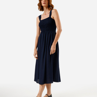 Vestido midi feminino com linho franzido azul